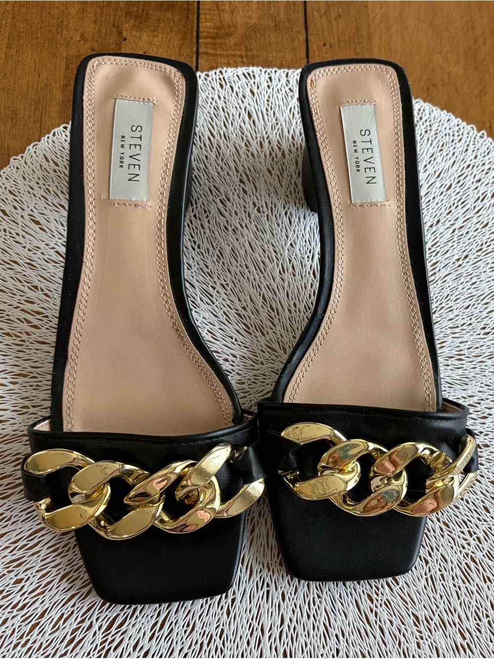 Steven New York Black Slide Mules 2” Block Heel Gold Chain Detail Size 8